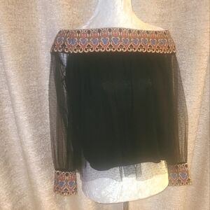 Alice + Olivia Black Blouse with Multicolor Embroidery Size 2